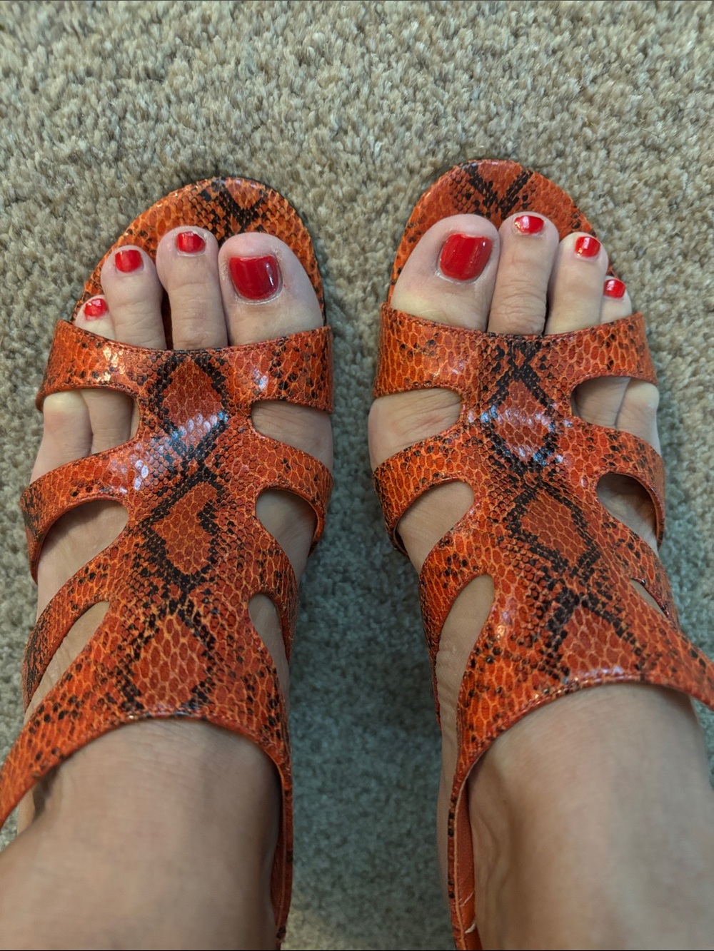 Impo Orange Snake-Print Cutout Heeled Sandals with Strap